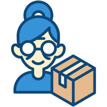 An icon of a woman with glasses holding a moving box reprenting senior moving services.