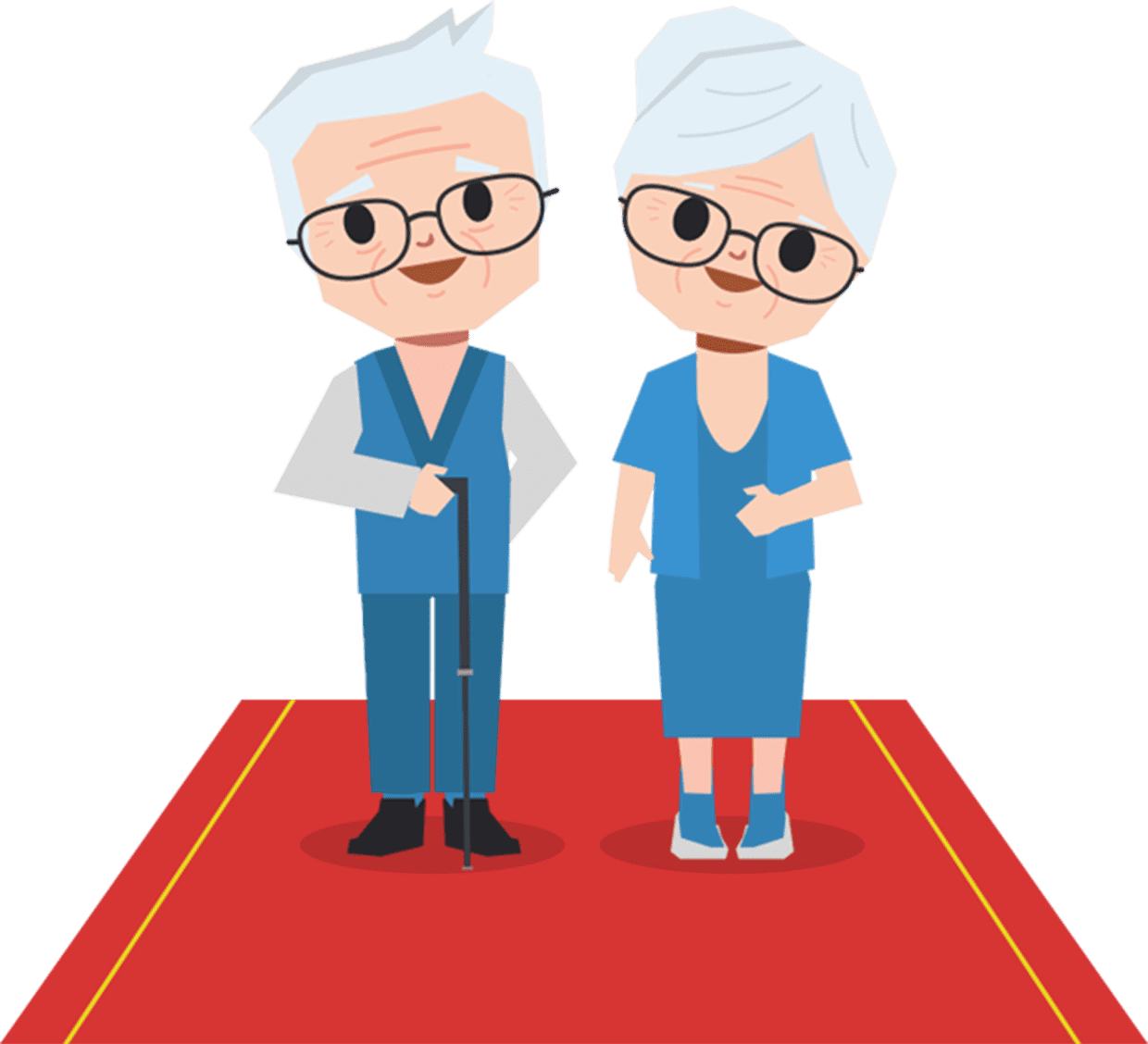 An elderly couple gracefully poses on a red carpet during their senior moving day.